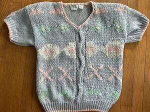 Vintage Hand Knit Sweater Short Sleeve Blue Pink VNeck Chelsea Place Size Medium
